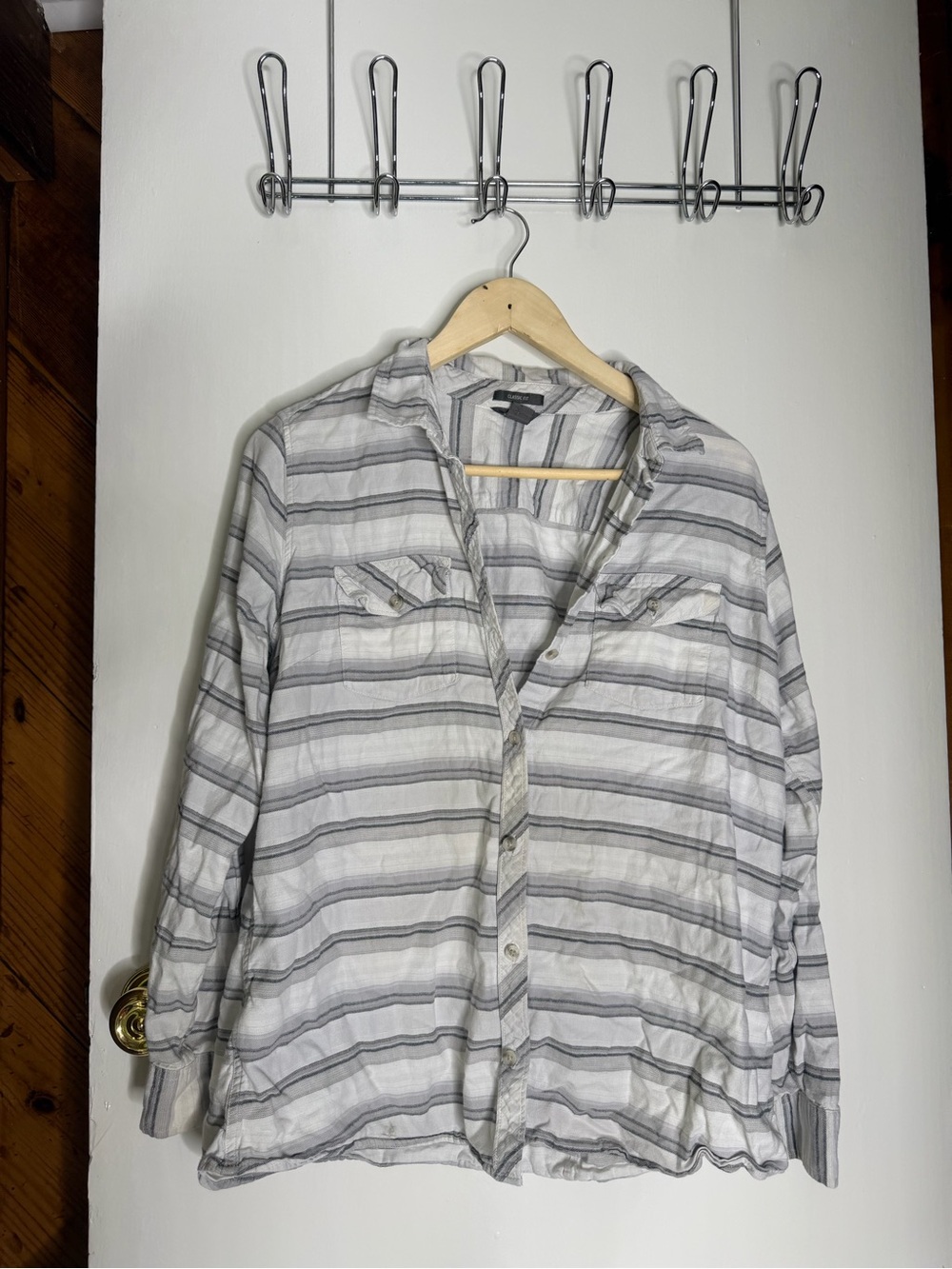 Eddie Bauer White and Gray Striped Classic Fit Button-Up